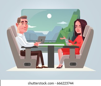 Happy smiling business man and woman characters talking in train. Travel concept. Vector flat cartoon illustration