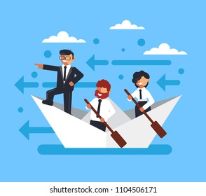 Happy smiling business people office worker characters floating boat sea waves. Teamwork start up new project successful business concept. Vector flat cartoon graphic design isolated illustration