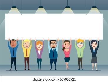 Happy smiling business team holding a blank billboard, banner. Different nationalities and dress. Vector illustration in a flat style.