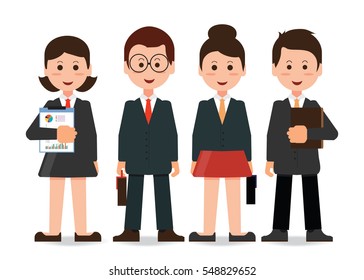 Happy smiling business team in office, cartoon flat design vector illustration.