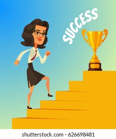 Happy Smiling Business Woman Character Climbing Stairs To Success And Gold Cup. Vector Flat Cartoon Illustration