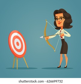 Happy smiling business woman character shoots bow at the target. Vector flat cartoon illustration