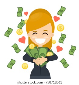 Happy smiling business woman hugging with money.