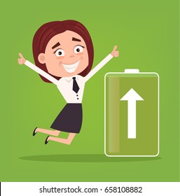 Happy smiling business woman office worker character full of energy. Green battery. Vector flat cartoon illustration