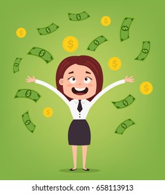 Happy smiling business woman office worker character standing under money rain. Rich woman. Good salary. Vector flat cartoon illustration