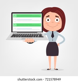 Happy smiling business woman office worker character hold laptop with checkboxes. Vector flat cartoon illustration
