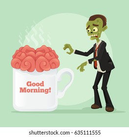 Happy smiling business zombie man office worker want cup of coffee in the morning monday. Vector flat cartoon illustration