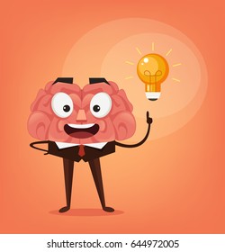 Happy smiling businessman brain character have good idea light bulb. Vector flat cartoon illustration
