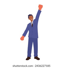Happy smiling businessman cartoon character in boxing gloves celebrating business win in challenge
