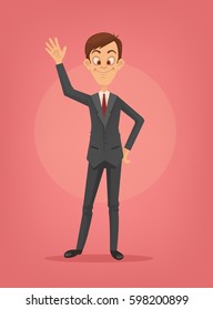 Happy smiling businessman character waving hand and greeting. Vector flat cartoon illustration