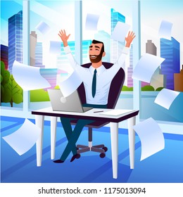 Happy Smiling Businessman, Company Leader or Office Worker Throwing Documents in Air and Enjoying Business Success While Sitting at Workplace in Office Cartoon Vector Illustration. Good Day at Work