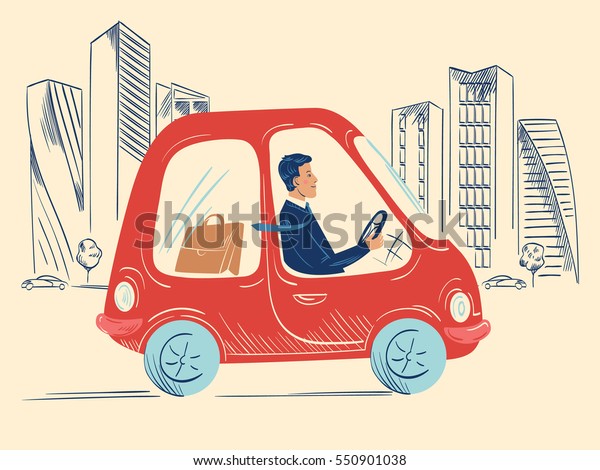 Happy, smiling businessman in his car driving\
through the financial, business district of his city with tall\
skyscrapers in the\
background