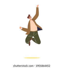 Happy smiling businessman jumping. Cartoon business man celebrating victory. Young male character cheering to success. Flat vector illustration