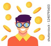Happy smiling businessman man office worker character standing under money rain with dollars sign in eyes. Success concept. Vector flat cartoon graphic design isolated illustration