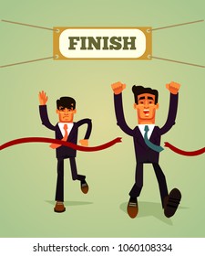 Happy smiling businessman office worker manager entrepreneur character crossing finish line. Achievement business career motivation competition marathon goal concept. Vector flat cartoon illustration