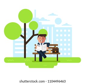 Happy smiling businessman office worker character reading newspaper sitting bench in public park. Summer time coffee break concept. Vector flat cartoon graphic design isolated illustration