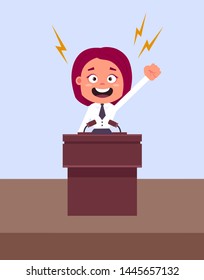 Happy smiling businessman office worker politician woman character speaking from rostrum. Vector flat cartoon illustration
