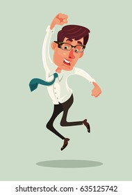 Happy smiling businessman office worker mascot character jump. Vector flat cartoon illustration