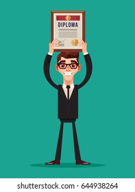 Happy smiling businessman office worker character holds diploma. Vector flat cartoon illustration