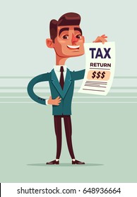 Happy smiling businessman office worker character holds tax return document. Vector flat cartoon illustration
