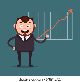 Happy smiling businessman office worker man character making presentation. Graph up. Vector flat cartoon illustration