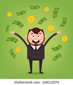 Happy smiling businessman office worker character standing under money rain. Rich man. Good salary. Vector flat cartoon illustration