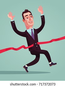 Happy smiling businessman office worker character crossing red line. Vector flat cartoon illustration