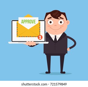 Happy smiling businessman office worker man character receive approve letter document envelope by email online web site. Vector flat cartoon illustration