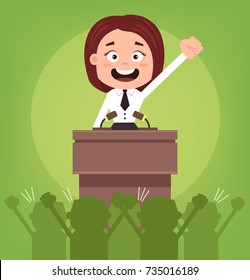 Happy Smiling Businessman Office Worker Politician Woman Character Speaking From Rostrum. Vector Flat Cartoon Illustration