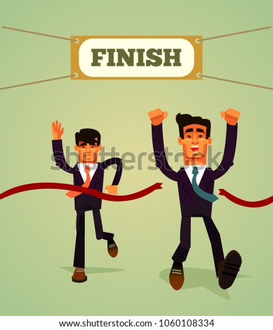 Happy smiling businessman office worker manager entrepreneur character crossing finish line. Achievement business career motivation competition marathon goal concept. Vector flat cartoon illustration