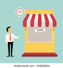 Happy and smiling businessman standing show his hand, presenting to new store in trendy flat design. 