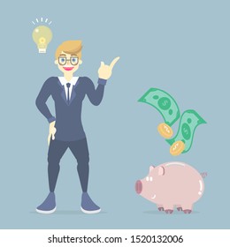 happy, smiling businessman in suit standing with light bulb lamp, piggy bank and money, having idea creative inspiration concept, flat vector illustration character cartoon design clip art