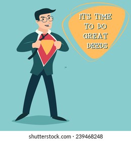 Happy Smiling Businessman Turns in Superhero Suit under Shirt Icon on Stylish Background Retro Cartoon Design Vector Illustration