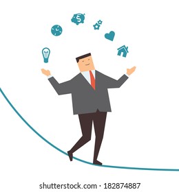 Happy and smiling businessman walking and keep himself balance on rope, juggling business icons. Business management concept in idea, working, love, time, saving money, and home.   