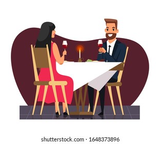 Happy smiling businessman with wife in elegant dress sitting at table and drinking wine. Romantic candlelight dinner at restaurant. Romance and dating. Anniversary celebration. Vector illustration