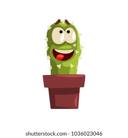 Happy smiling cactus character in a clay pot, succulent plant with funny face in flowerpot vector Illustration on a white background