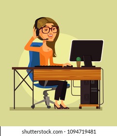 Happy smiling call center operator woman character talking phone and giving consultation. Hot line online support concept isolated flat cartoon graphic design illustration