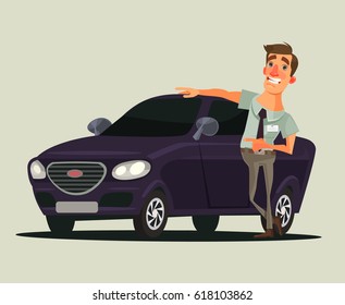 Happy smiling car dealer seller man character showing new car. Vector flat cartoon illustration