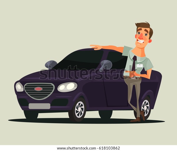 Happy smiling car dealer seller\
man character showing new car. Vector flat cartoon\
illustration