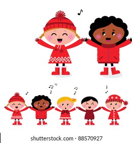 Happy smiling caroling multicultural kids singing song