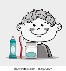 happy smiling cartoon boy with dental care implements over a white background vector illustration