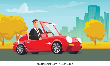 Happy Smiling Cartoon Car Owner Character Driving New or Repaired Shiny Red Automobile. Successful Dealership after Showroom Visit. Fresh Repair. Flat Cityscape on Backdrop. Vector Illustration