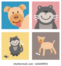 Happy smiling cartoon cat and dog farm animal illustrations. Both cat and dog are portrayed in full view and head closeup. Full vector illustrations.
