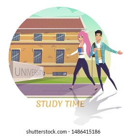 Happy Smiling Cartoon Female and Male Students Characters Holding Books and Backpack Back to University Cartoon. Study Time Announcement Poster. Vector Building Exterior. Cutout Illustration