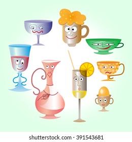 Happy smiling cartoon glassware and kitchenware characters, kettle and chopping board for restaurant or cafe design