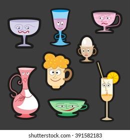 Happy smiling cartoon glassware and kitchenware characters, kettle and chopping board for restaurant or cafe design.