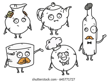 Happy smiling cartoon glassware and kitchenware characters with saucepan, pots, spoon, knife, fork, glasses, cups, plates, cups, teapot, kettle and chopping board for restaurant or cafe design