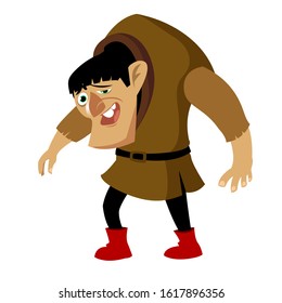 Happy smiling cartoon hunchback. Design for print, mascot, emblem, t-shirt, sticker. Vectoral Illustration. White Background Isolated
