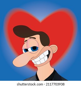 Happy smiling cartoon man with a heart in the background