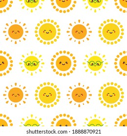 Happy and smiling cartoon sun characters seamless pattern background for summer design.